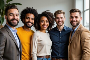 Diverse Group of Young Professionals Smiling Together in Office Setting, Perfect for Team Building and Company Culture Promotion