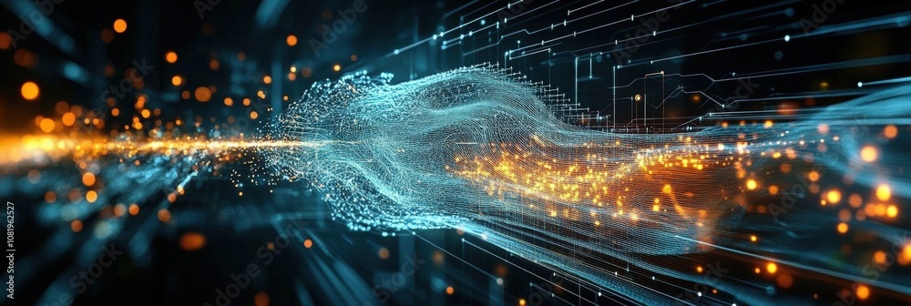 Poster dynamic flow of digital particles and light beams in a futuristic technology environment showcasing 