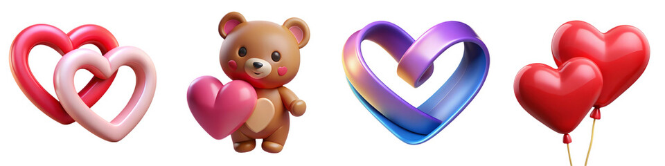 Obraz premium Valentine cute 3d decor. A collection of colorful hearts, a cute teddy bear, and vibrant balloons, all symbolizing love and affection.