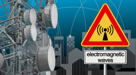 ALERT ABOUT ELECTROMAGNETIC POLLUTION EXPOSURE IN A RESIDENTIAL AREA - Concept with base radio...