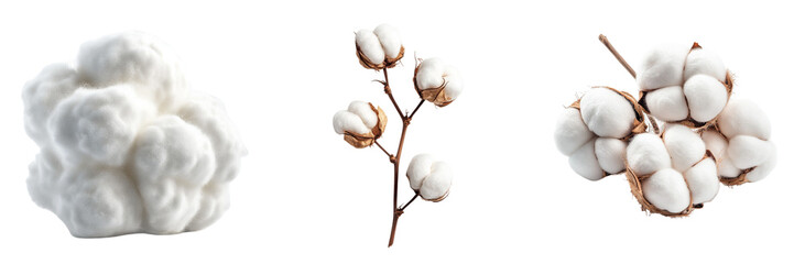 Set of cotton white flowers isolated on a transparent background