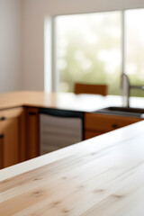 Fototapeta premium kitchen table background, wood counter top on blur of white clean abstract home interior with bokeh. used for display or montage your wooden for dining background. table banner