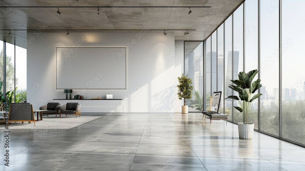 Poster modern workspace with minimalistic design and digital boards
