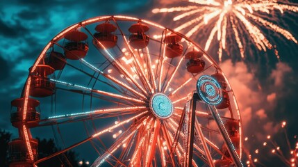 The Ferris wheel with vibrant lights on each spoke, set against a beautiful fireworks display in the background, evoking excitement