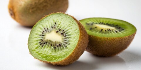 Fototapeta premium Tilt-Shift Photography of a Kiwi and Half on White Background Isolated for Fresh Fruit Concept, Healthy Eating, and Culinary Use