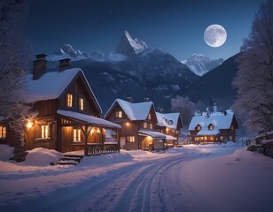 Fototapeta premium Charming winter cabins illuminated by moonlight in a serene mountain landscape at night, Christmas