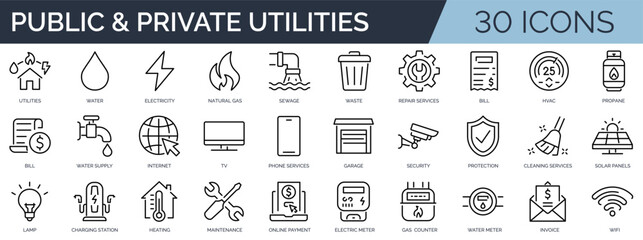 Set of 30 outline icons related to public and private utilities. Linear icon collection. Editable stroke. Vector illustration	