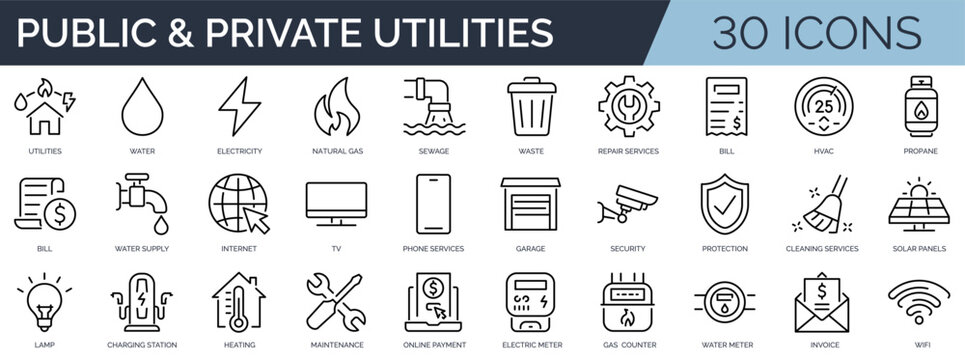 Set of 30 outline icons related to public and private utilities. Linear icon collection. Editable stroke. Vector illustration	