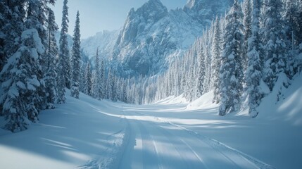 Fresh ski tracks through a deep snow-covered forest with rugged mountain cliffs looming in the distance.