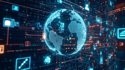 Fototapeta premium Futuristic Representation of a Spinning Globe Surrounded by Digital Data, Global Connectivity, Network Visualization, and Technology Advancement in Blue and Orange Tones