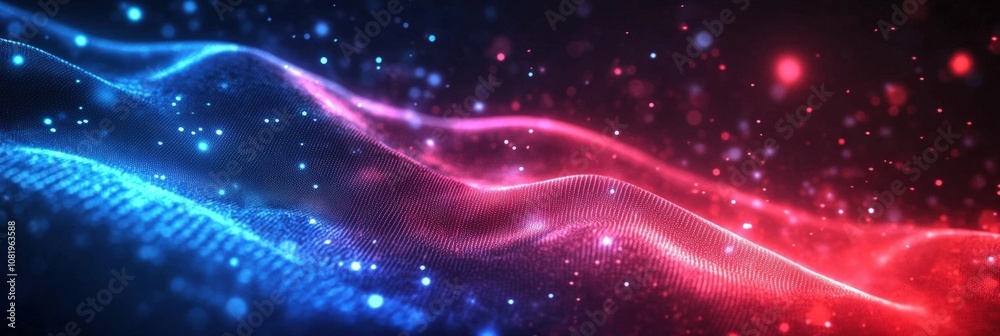 Poster abstract waves of light and color flowing in blue and red tones creating a dynamic background for cr