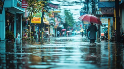 Obraz premium Rainy Day in a Flooded City Street Scene
