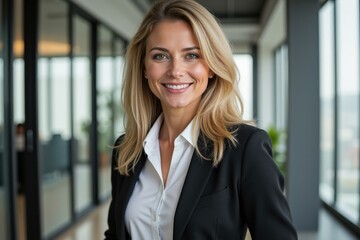 Professional Business Woman in Office Setting, Confident and Approachable, Perfect for Corporate Marketing and Branding Materials