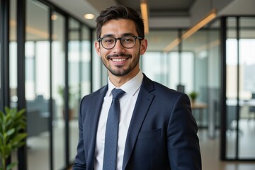 Fototapeta premium Professional Business Portrait of a Young Man in Glasses and Suit, Perfect for Corporate Websites and Marketing Materials