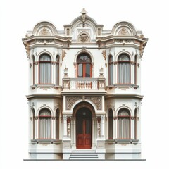 Fototapeta premium Ornate white building with arched windows and a wooden door.