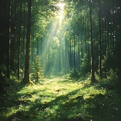 Obraz premium Forest clearing with lush green trees and foliage under sunlit sky picture