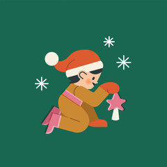 Adorable elf is holding Christmas star for the tree. Children character Santas helper in red hat on green background with snowflakes. Vintage vector illustration style.