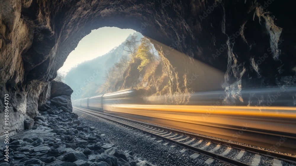 Aufkleber dramatic view of a train passing through a rocky tunnel with beautiful light rays illuminating the t