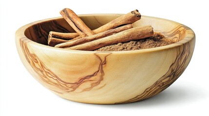 Cinnamon Sticks and Ground Cinnamon in a Wooden Bowl