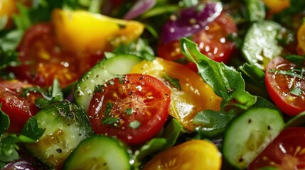 Close-up of a Salad with Freshly Cut Tomatoes, Cucumber, and Greens