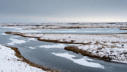 Snowy Tundra Landscape Stretching Across a Flat Horizon, With Patches of Icy Blue Water and Frozen Marshlands, All Under a Pale Winter Sky