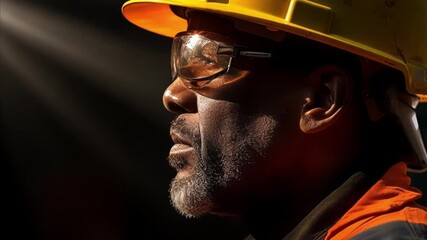 Serious construction worker in profile, wearing a hard hat and safety glasses, under dramatic lighting, exudes confidence and experience, symbolizing hope for the future in his job
