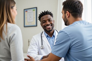 Obraz premium Happy Doctor Consulting with Male Patient and Female Patient in Medical Office Setting, Promoting Healthcare Trust and Communication