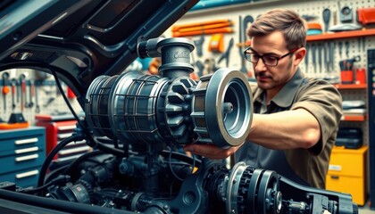 Mechanic working on car engine close-up turbocharger installation in a vehicle