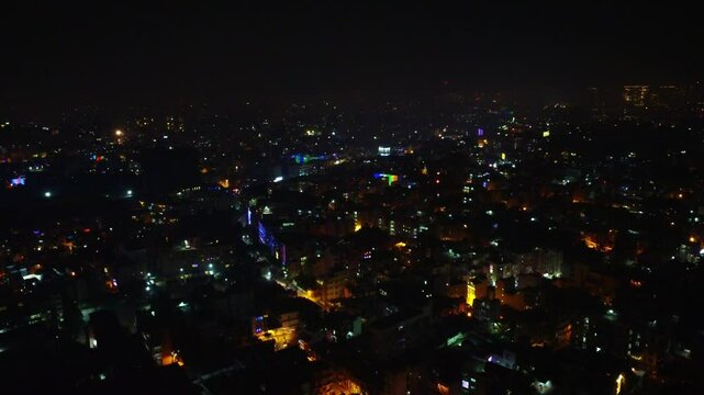 4k drone video of Bangalore city during Diwali night, city illuminated with diwali lights and fire crackers, joyful celebration in Diwali