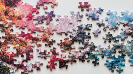 Colorful Puzzle Pieces on a White Surface Displaying a Scenic Image with a Blend of Red and Purple Tones Capturing a Creative Assembly Experience