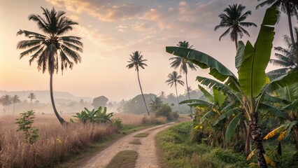 Fototapeta premium Tropical Landscape Wallpaper Design in Pastel Tones Featuring Long Exposure Effects of Palm and Banana Trees in a Serene Oil Painting Style Celebrating Love and Body Positivity