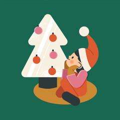 Elf is sitting on a carpet near a Christmas tree. Santas helper in red hat on green background. Boy in suit vintage vector illustration style.