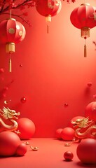 A vibrant Chinese New Year background featuring red lanterns, golden dragons, and traditional Chinese patterns, with a festive atmosphere and a bright red and gold color scheme.