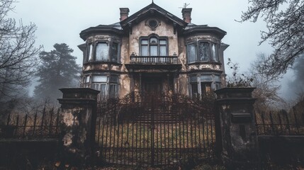 Abandoned mansion shrouded in mist evokes a haunting and mysterious atmosphere, AI