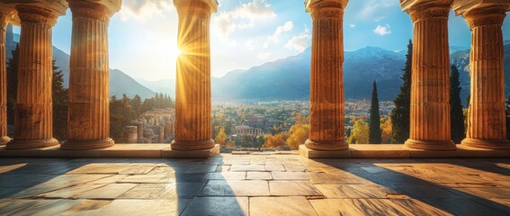 Fototapeta premium Ancient Greek Temple with Sunlight Through Pillars and Mountains in the Background