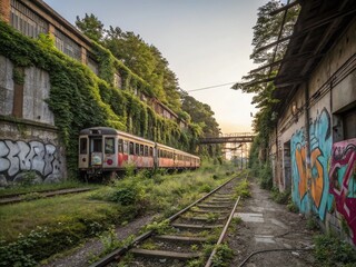 Urban Exploration: Captivating Auto Rail Adventures in Abandoned Cityscapes with Overgrown Nature and Rusting Infrastructure, Perfect for Urban Decay Photography Enthusiasts