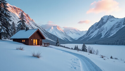 A Stunning Winter Cabin nestled in a Majestic Mountain Landscape, a Peaceful Retreat in a Snow-Covered Paradise