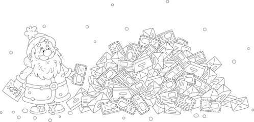 Santa Claus and a big pile of envelopes with letters and postcards from little children before Christmas and New Year, black and white outline vector cartoon illustration for a coloring book