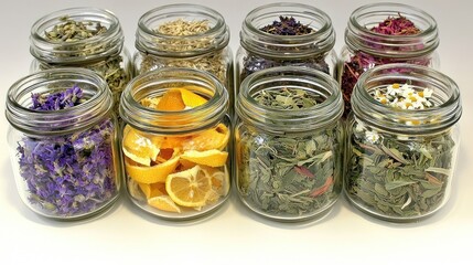 Seven Glass Jars Filled with Dried Herbs and Flowers