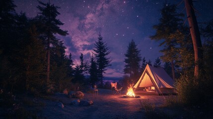 Serene Camping Scene Under Starry Night Sky with Tent, Campfire, and Beautiful Forest Background Creating a Peaceful Wilderness Experience