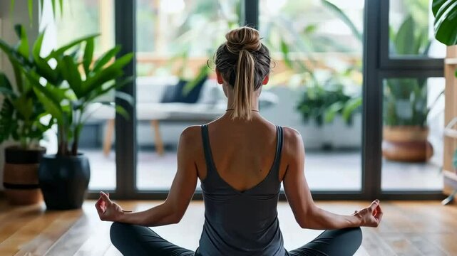 Guided meditation practice for relaxation and mindfulness in a serene indoor space with plants and natural light