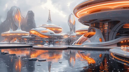Render of a futuristic city with interconnected buildings and pathways
