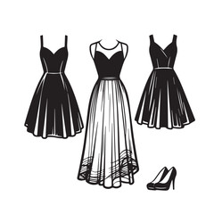 Women dress silhouette. Fashion dress vector design. Wedding dress vector design black and white.