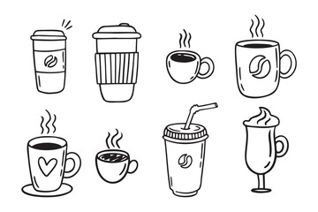 Coffee cups doodle set. coffee cup hand drawn line signs. Outline coffee cups