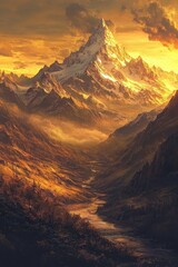 Fototapeta premium breathtaking, high-detail image of a mountain range with a warm sunrise casting golden hues across the landscape, ideal for nature and travel themes. 