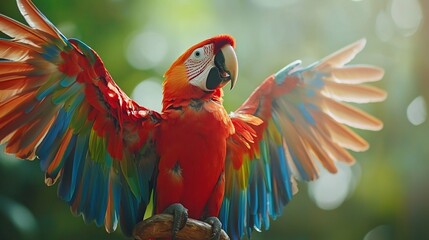 Vibrant scarlet macaw with outstretched wings in a tropical rainforest setting.