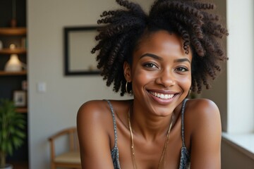 Beautiful Black Woman Smiling Radiantly in Cozy Living Room Perfect for Inspirational Quotes and Motivational Posters