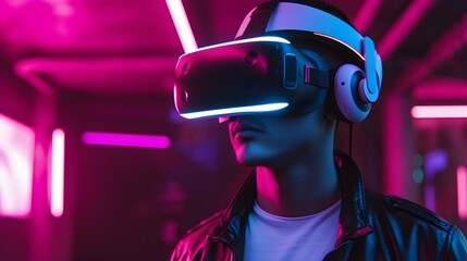 Portrait of amazed young man in a VR headset explores the metaverse's virtual space. Gaming and futuristic entertainment concept