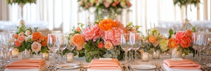 Fototapeta premium Elegant Wedding Table Decor with Peach Flowers