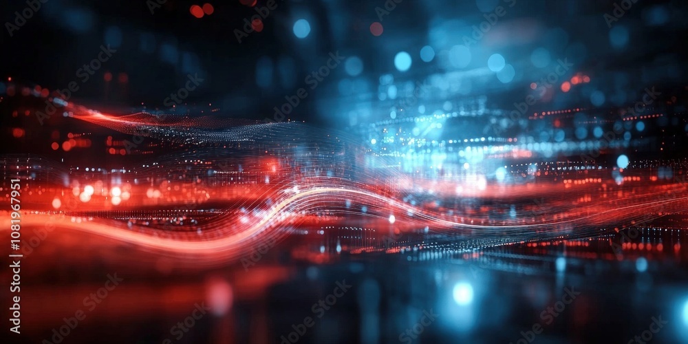 Poster abstract digital waves in red and blue color palette representing data flow and technology backgroun